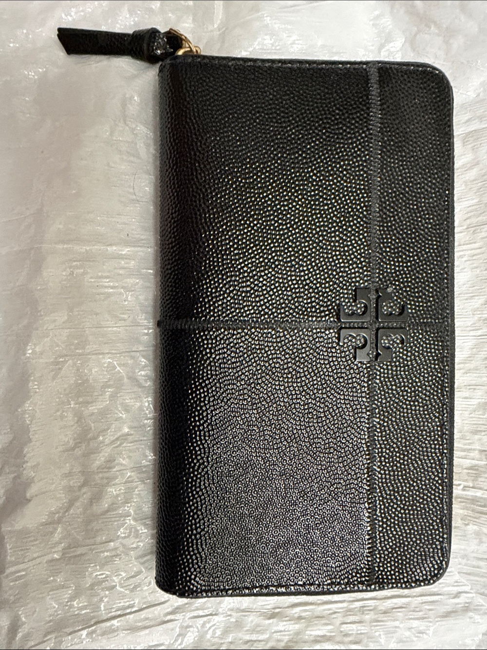 Tory Burch Black Pebbled Leather Zip-Around Phone Wallet with Logo